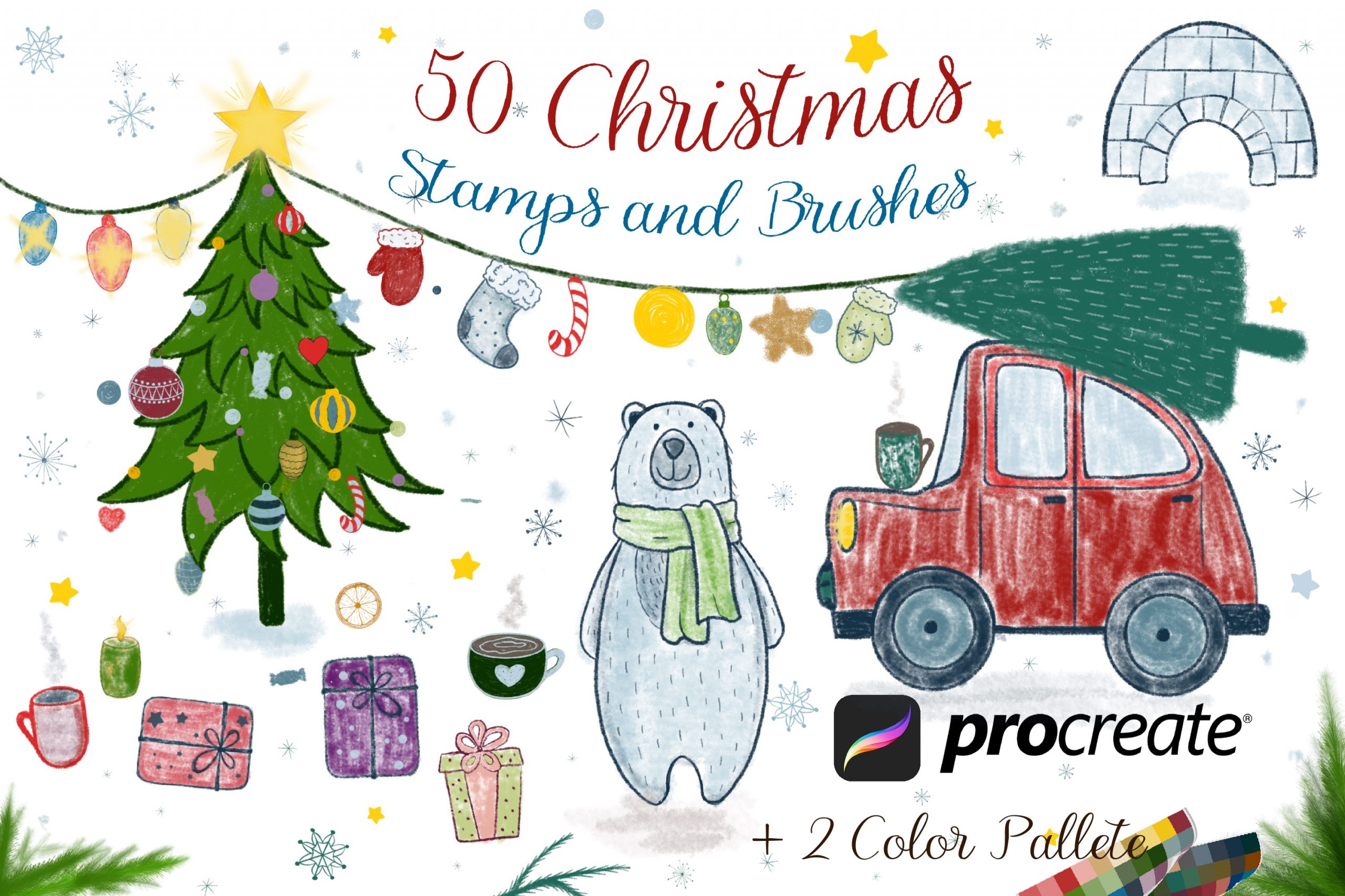 50 Christmas Stamps and Brushes Procreate.