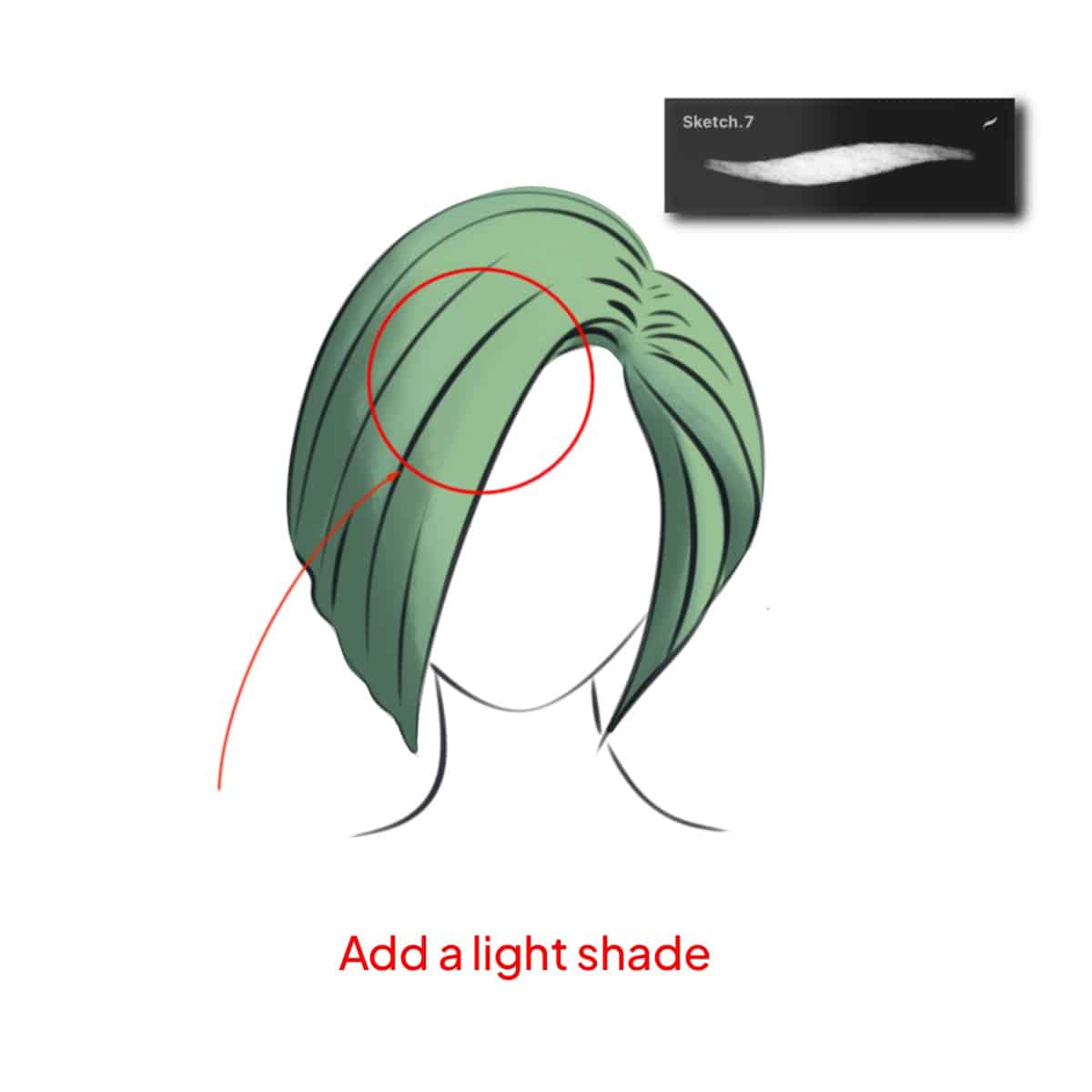 Drawn and colored sketch of the short woman's hairstyle with added light shade in the Procreate application