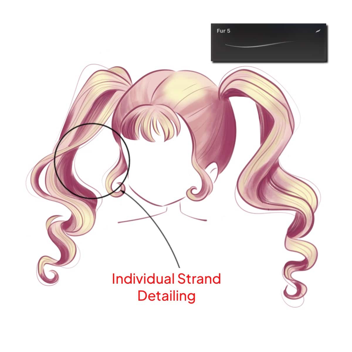 Adding details to anime hair sketch, drawn in Procreate application.