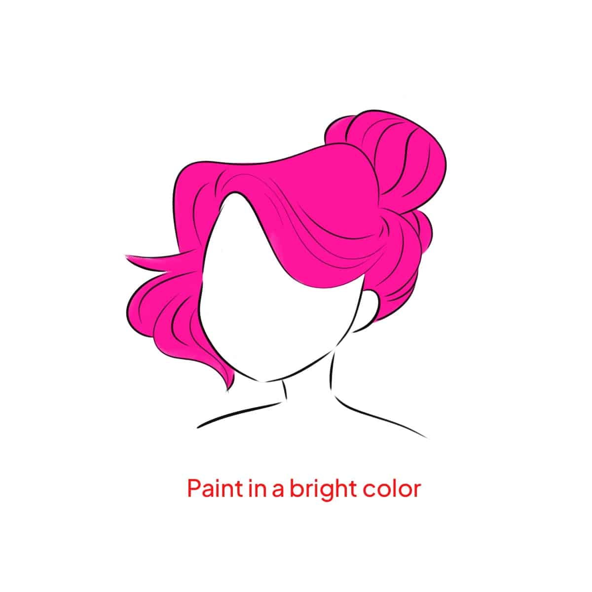Sketch of a woman's cartoon hair colored in pink color in the Procreate application