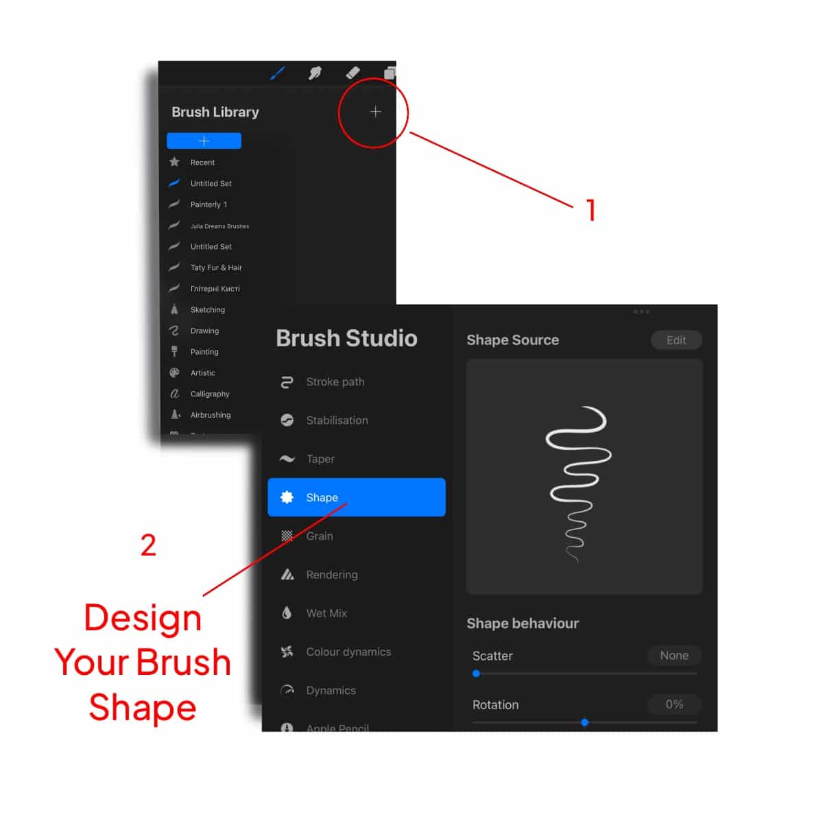 The "Brush Studio" Screen in Procreate, with the selected "Shape" option.