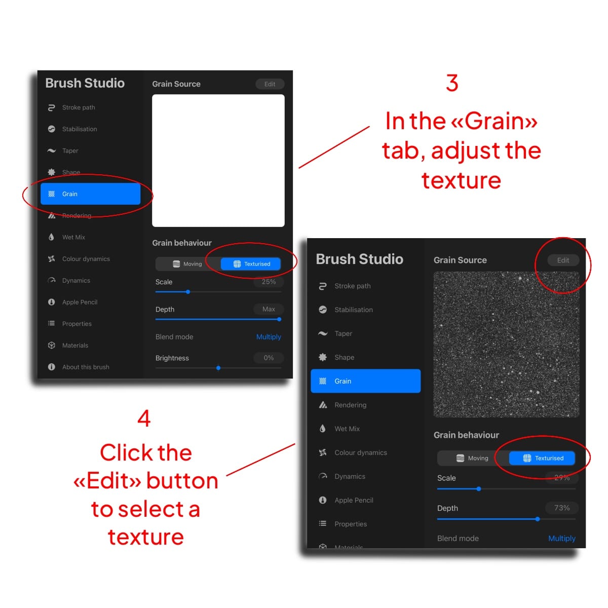 The "Brush Studio" Screen in Procreate, with the selected "Grain" option.