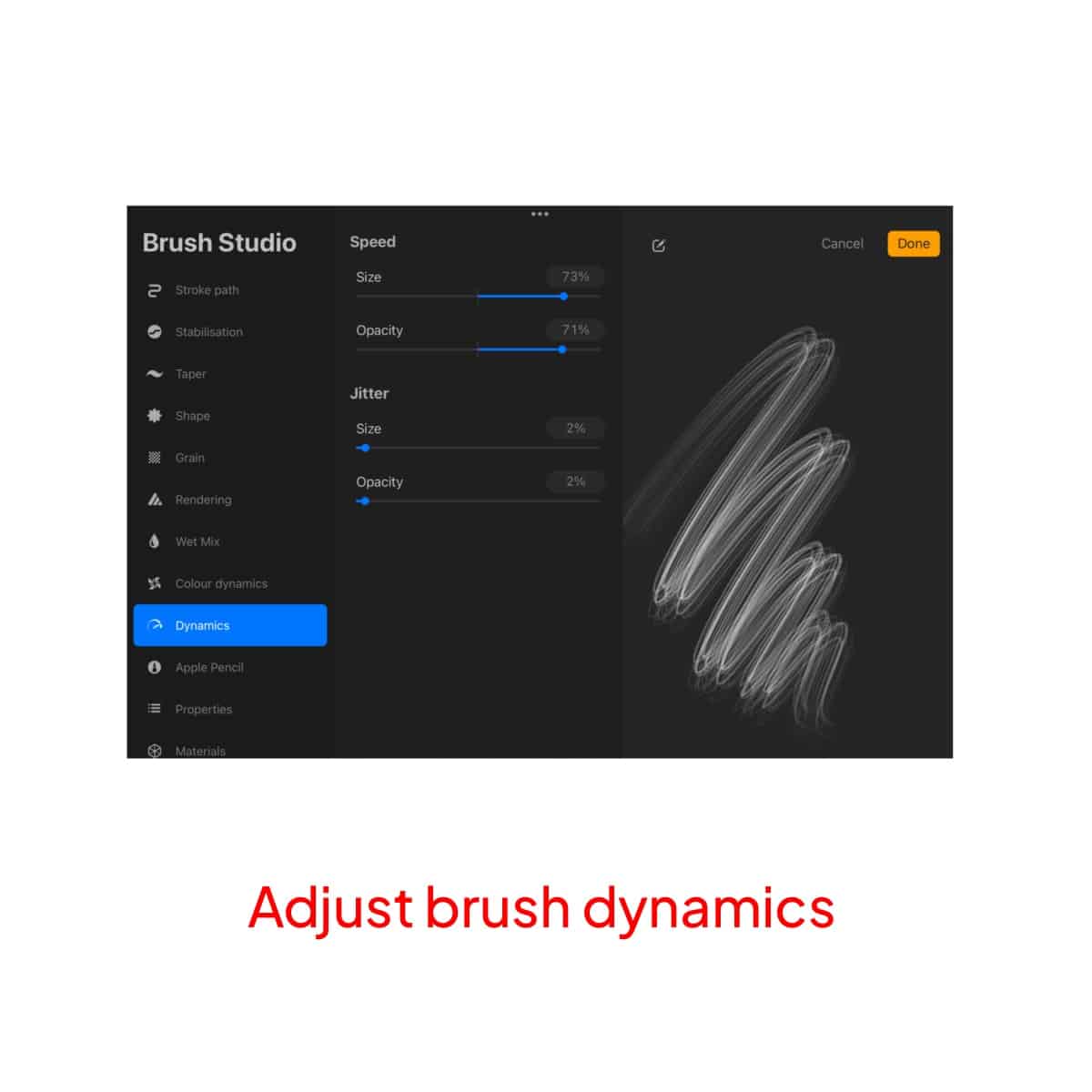 The "Brush Studio" Screen in Procreate, with the selected "Dynamics" option.