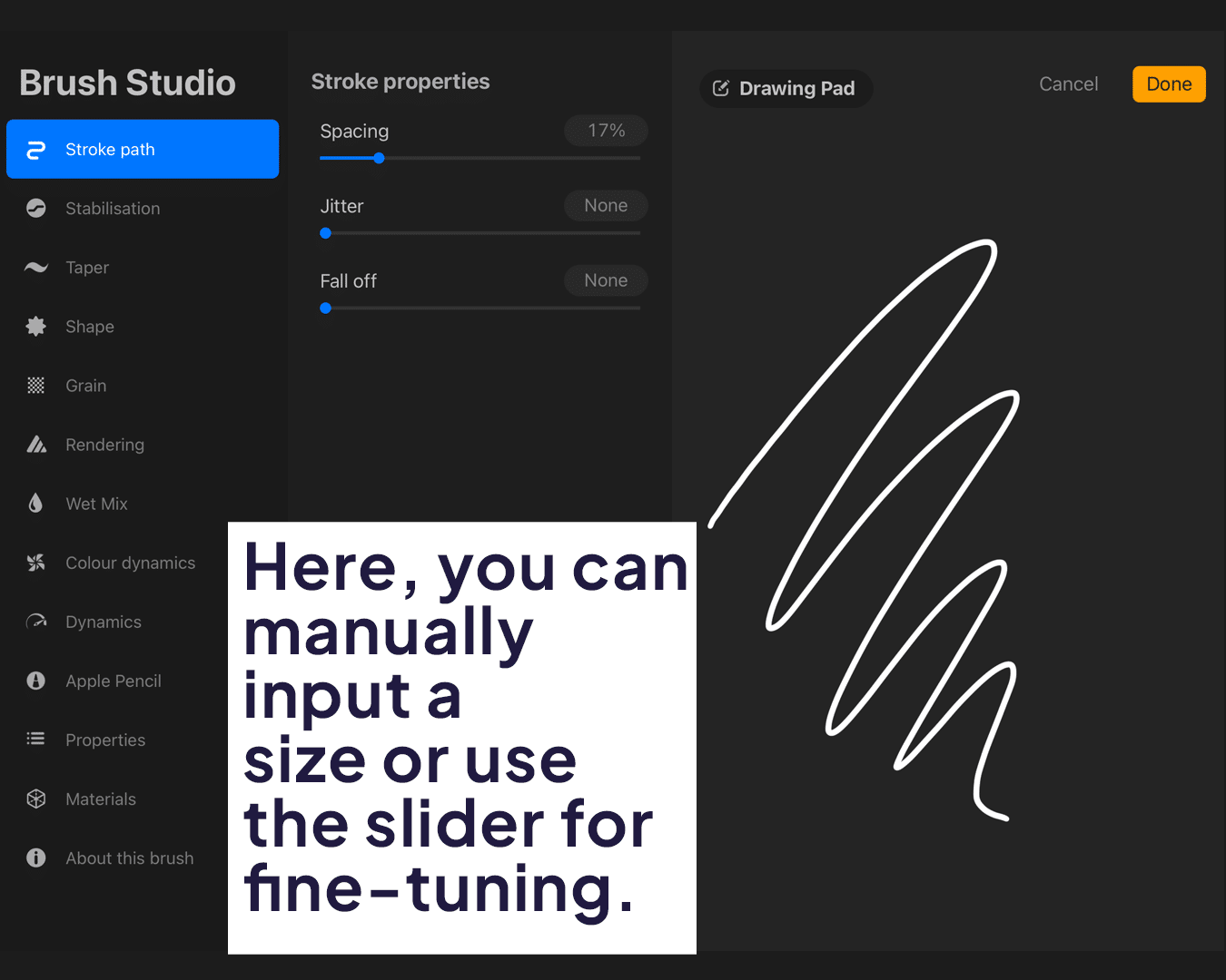 Adjusting the size and opacity sliders