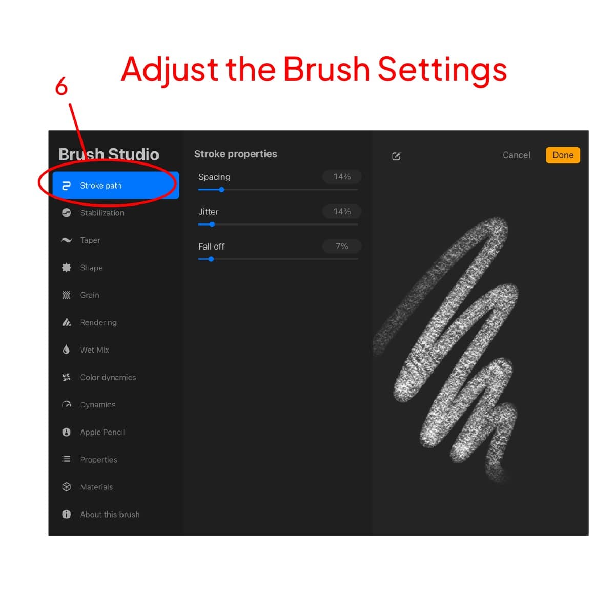 Adjusting the brush settings