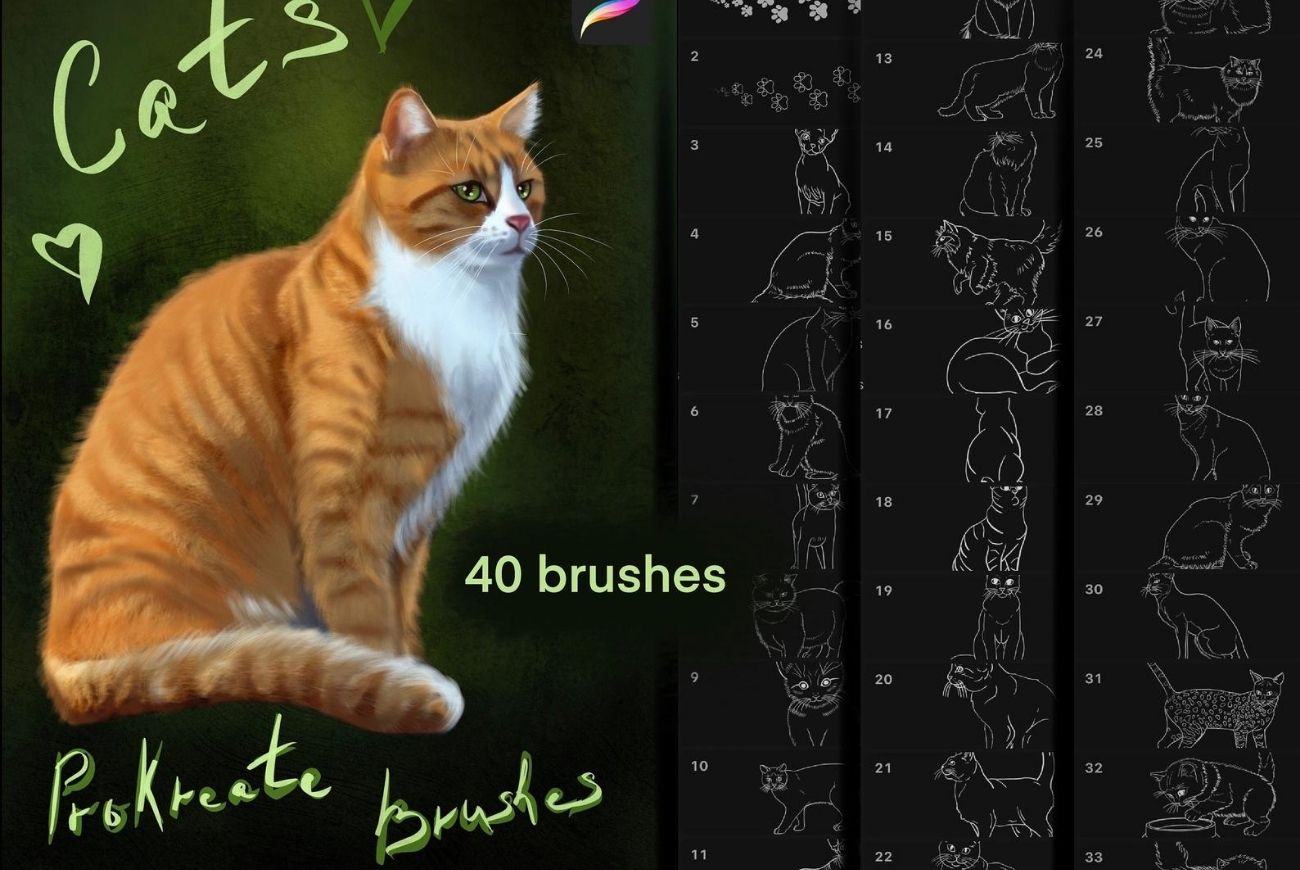 Cat Brushes, 40 Procreate Cats Stamps
