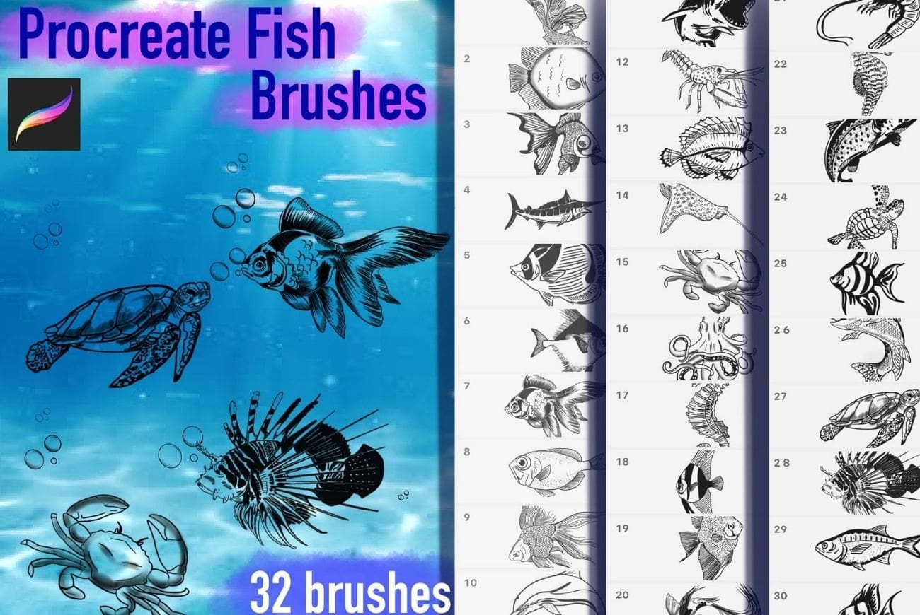 32 Procreate Fish Stamps.