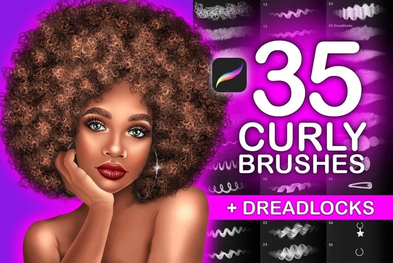 35 Procreate Curly Brushes + Dreadlocks