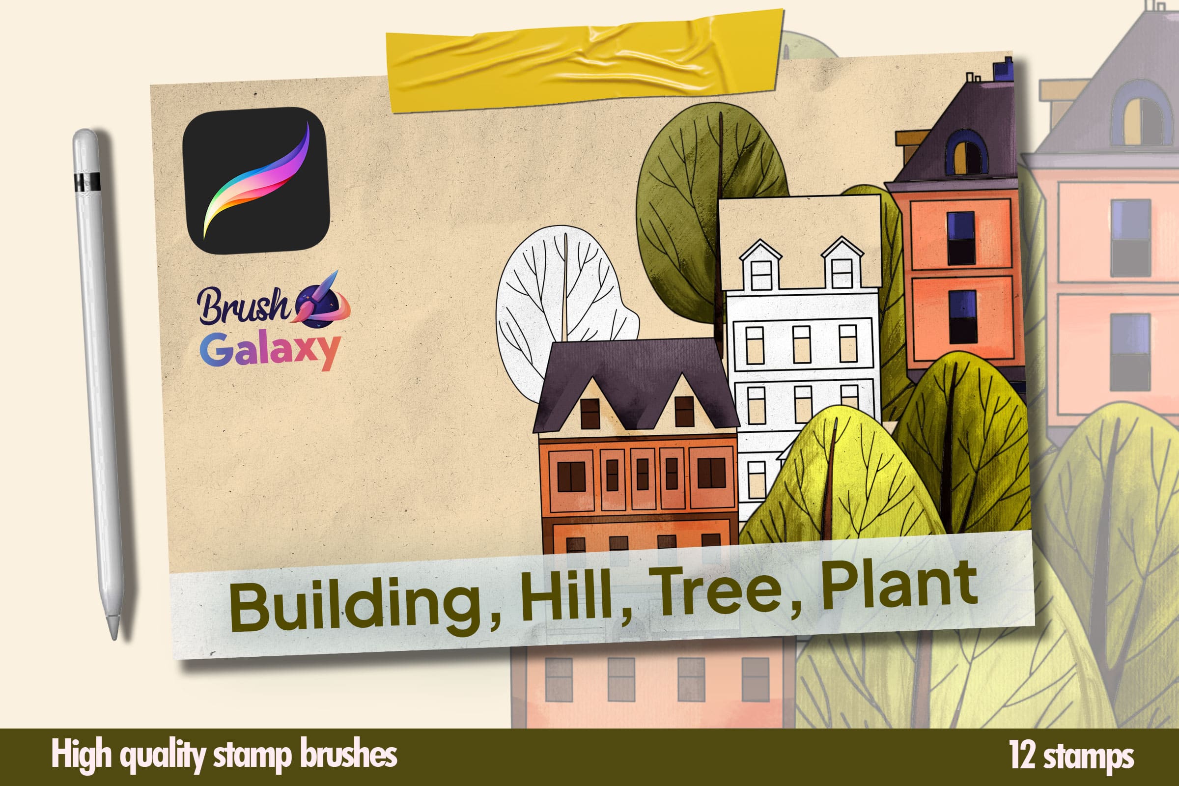 Building, Hill, Tree, Plant Stamp Set